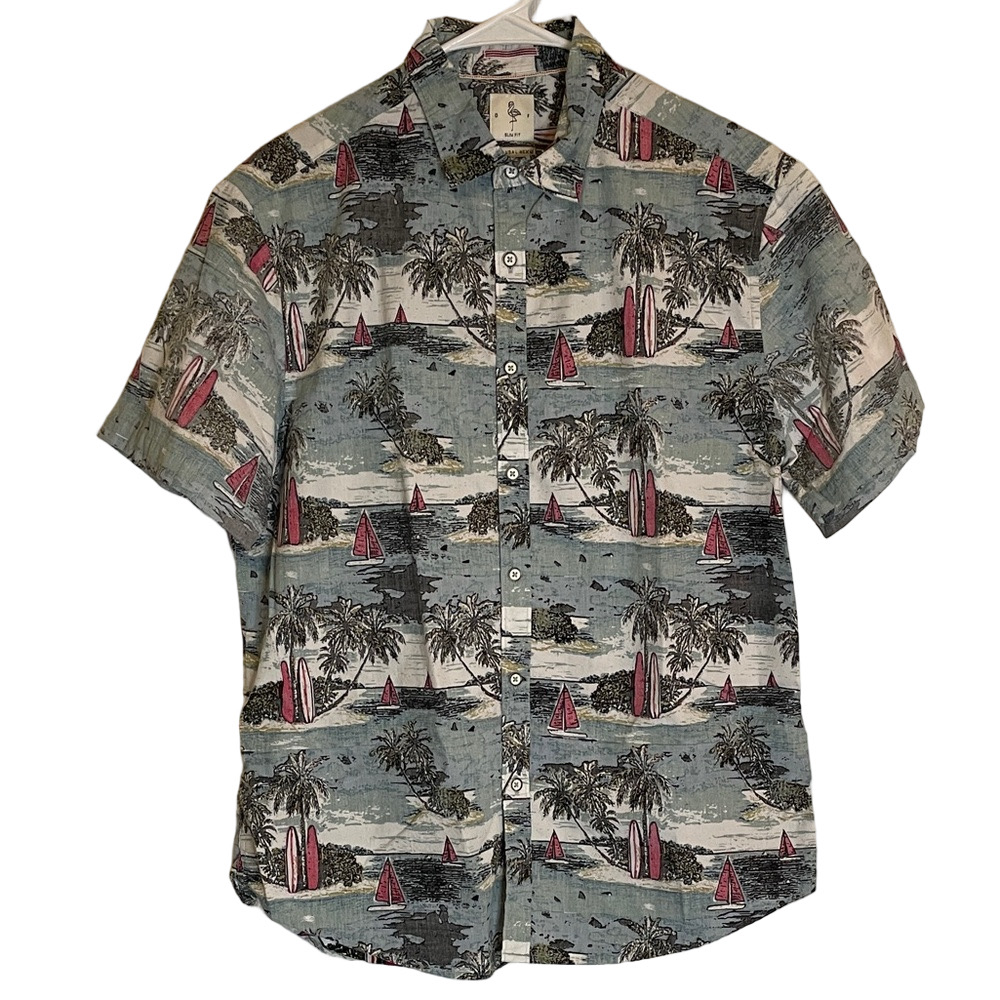 DENIM & FLOWER Casual Button Down Palm Tree Shirt, Men’s M, Blue Pink White